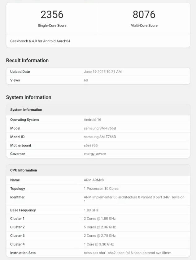 galaxy flip 7 exynos 2500 geekbench
