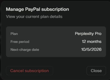 Perplexity AI Manage subscription