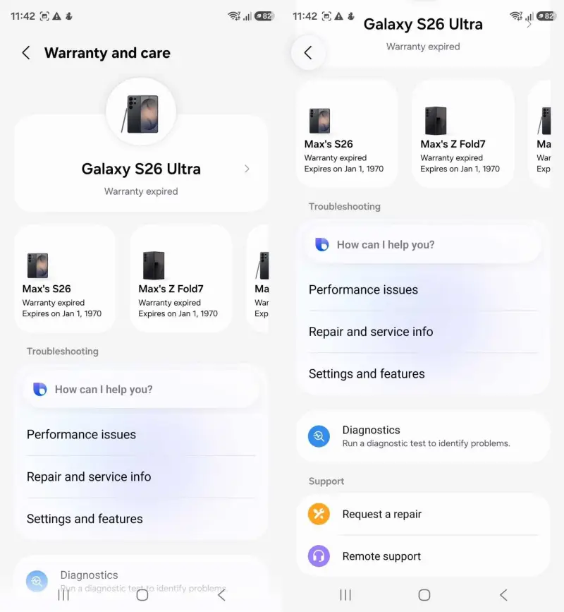Warranity and Care в One UI 9