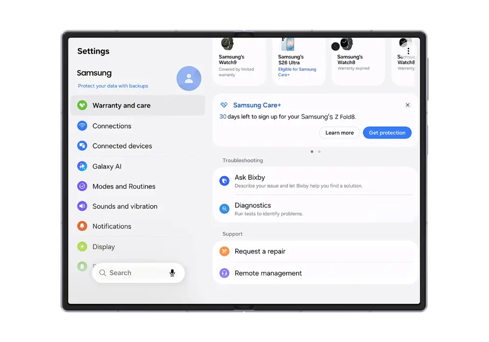 Samsung добавя ново меню „Гаранция и грижа“ в One UI 9 2 Samsung добавя ново меню „Гаранция и грижа“ в One UI 9