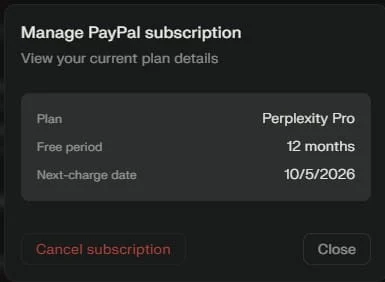 Как да вземем безплатен абонамент за Perplexity AI Pro за 1 година 4 Perplexity AI Manage subscription